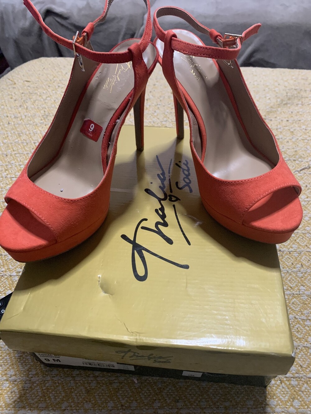 Thalia Sodi Coral Orange T‑Strap Suede High Heel Sandals
